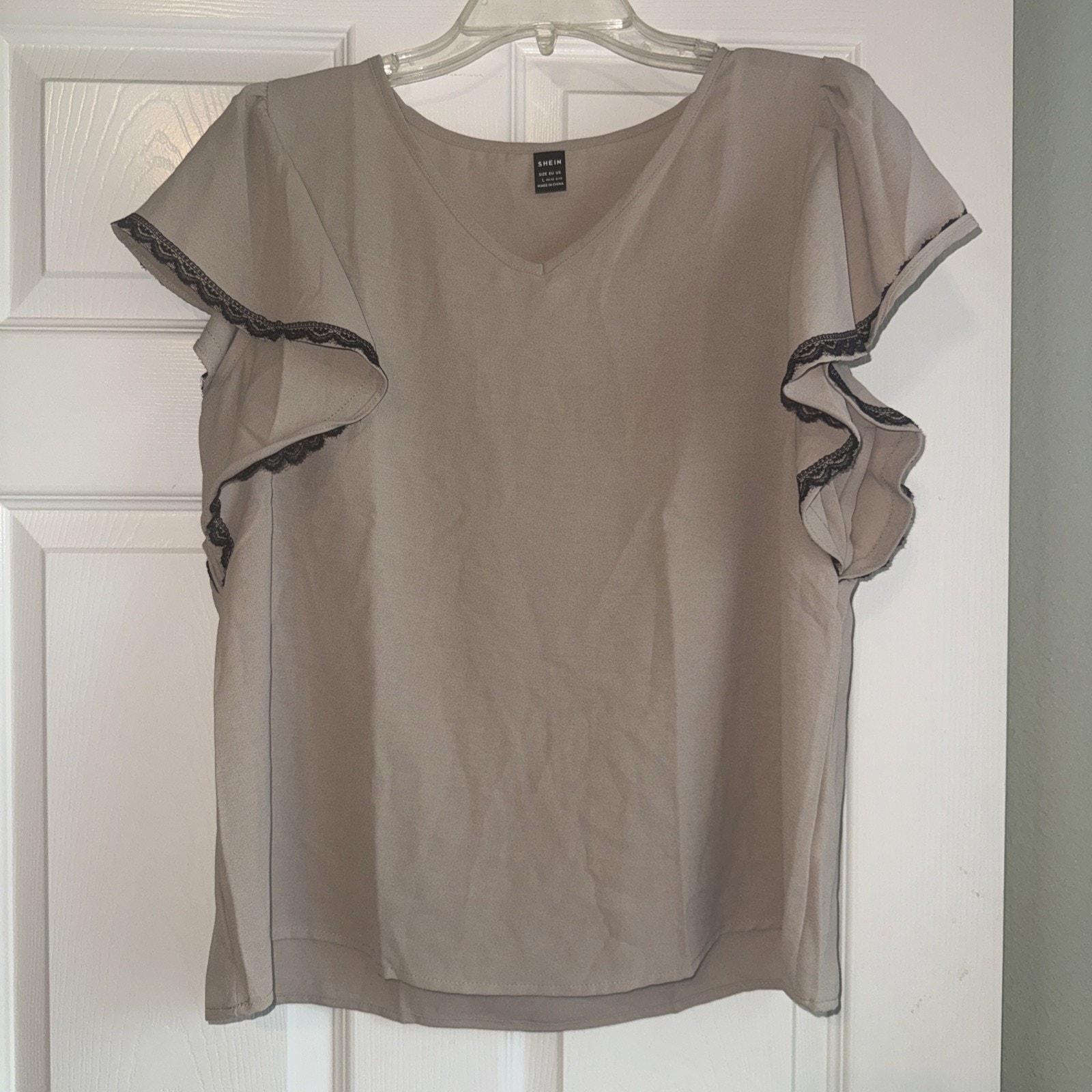 Shein Beige Flutter Sleeve V-Neck Blouse Top Size L Office Casual Professional